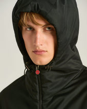BLACK HOODED TECHNICAL FABRIC JACKET