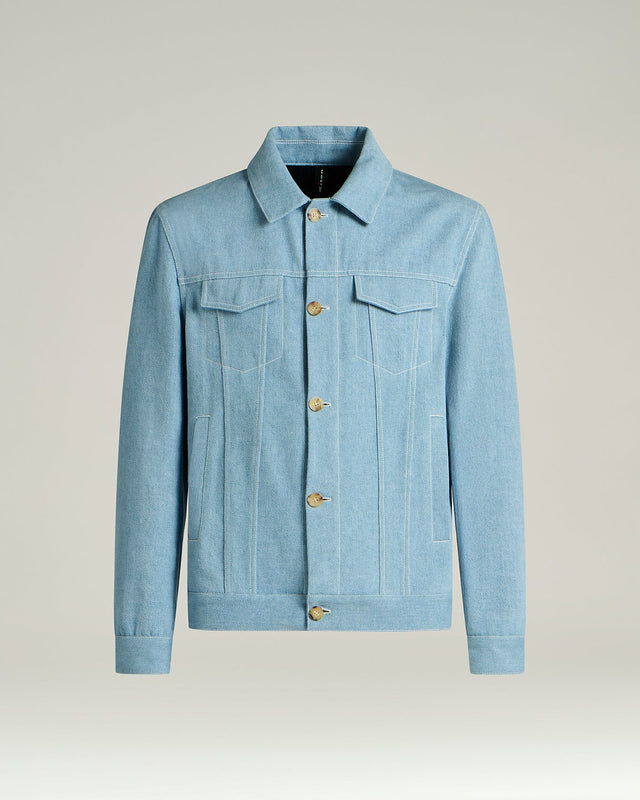 AZURE COTTON JACKET WITH LAMBSKIN DETAIL AND CUPRO LINING
