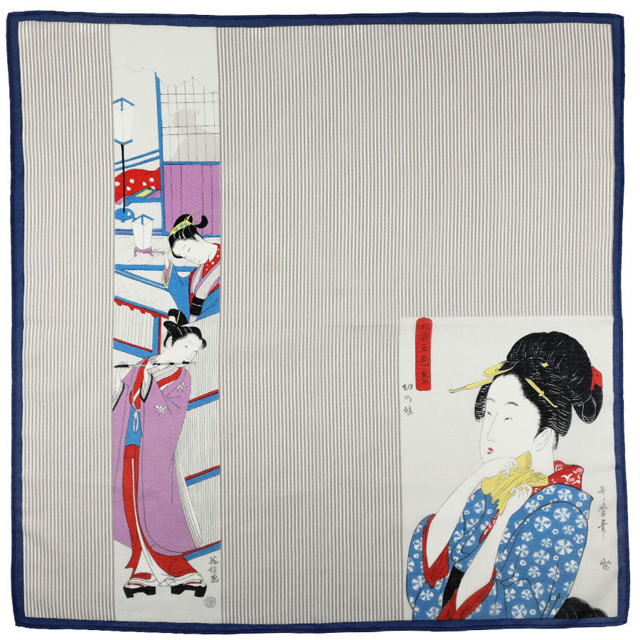 Ukiyo E Motif Cotton Handkerchief Blue Beige