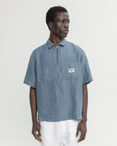 Ss Hollow Shirt Blue Linen Twill
