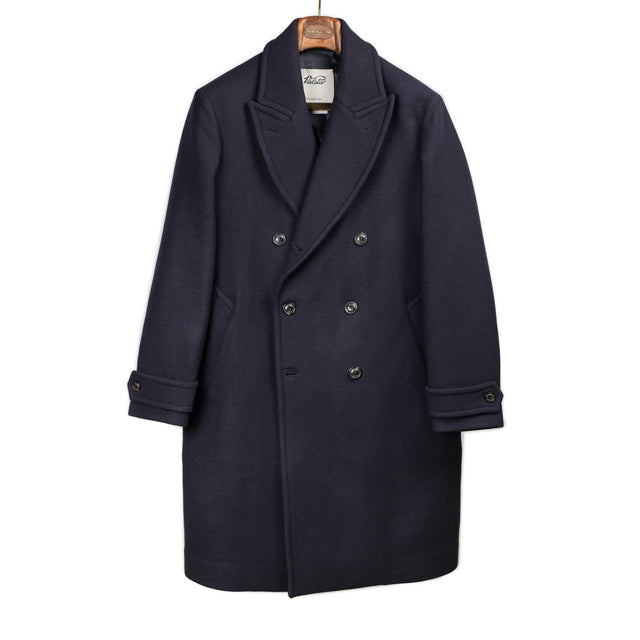 Relaxed fit double breasted overcoat in navy wool felt