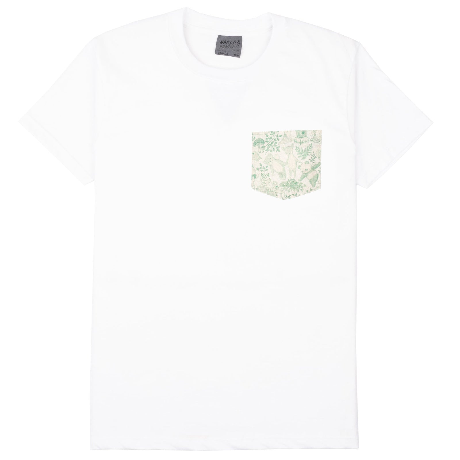 Pocket Tee White Linen Animals Green