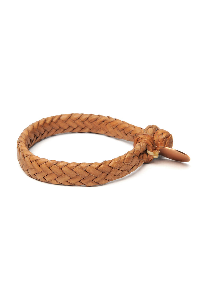 Wide Flat Weaved Leather Bracelet - Tan 1