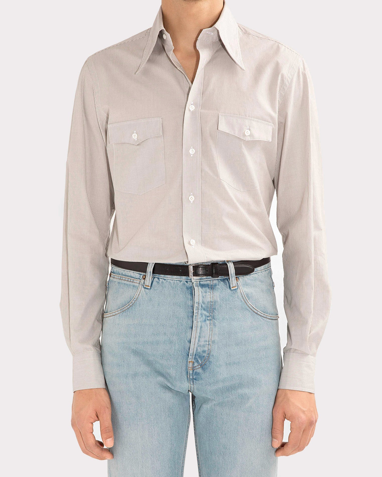 Chemise Col Large En Popeline De Coton Rayures Grises Et Blanches