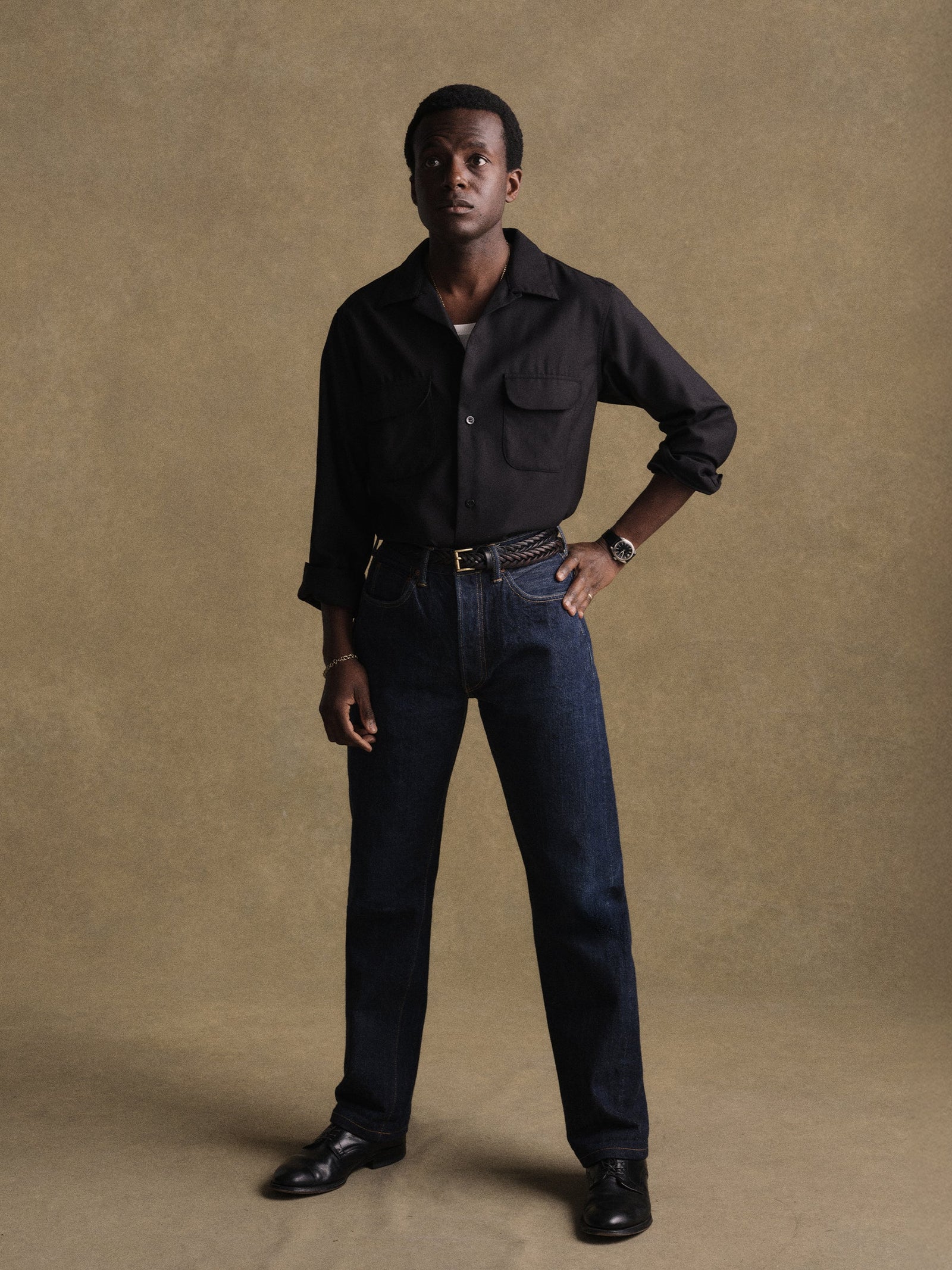 Black Wool Gabardine Diamondhead Camp Shirt
