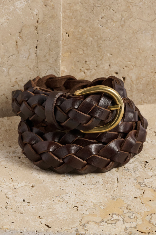 Woven belt - Leather - Chocolate/Gold
