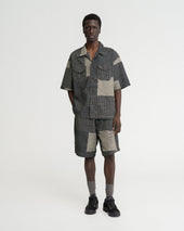 JAIPUR EASY SHORTS - WASHED SLATE/ECRU PATCHWORK KANTHA STITCHED COTTON CANVAS