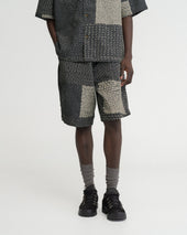 JAIPUR EASY SHORTS - WASHED SLATE/ECRU PATCHWORK KANTHA STITCHED COTTON CANVAS