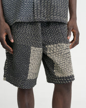 JAIPUR EASY SHORTS - WASHED SLATE/ECRU PATCHWORK KANTHA STITCHED COTTON CANVAS