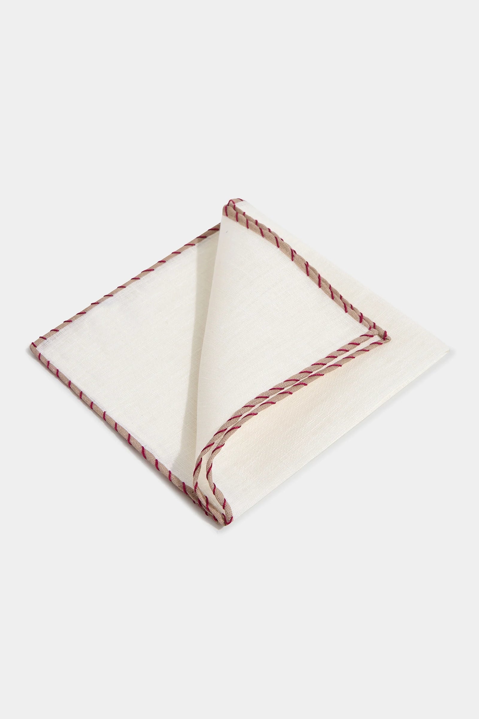 Linen Pocket Square With Beige And Red Edges Made In Italy