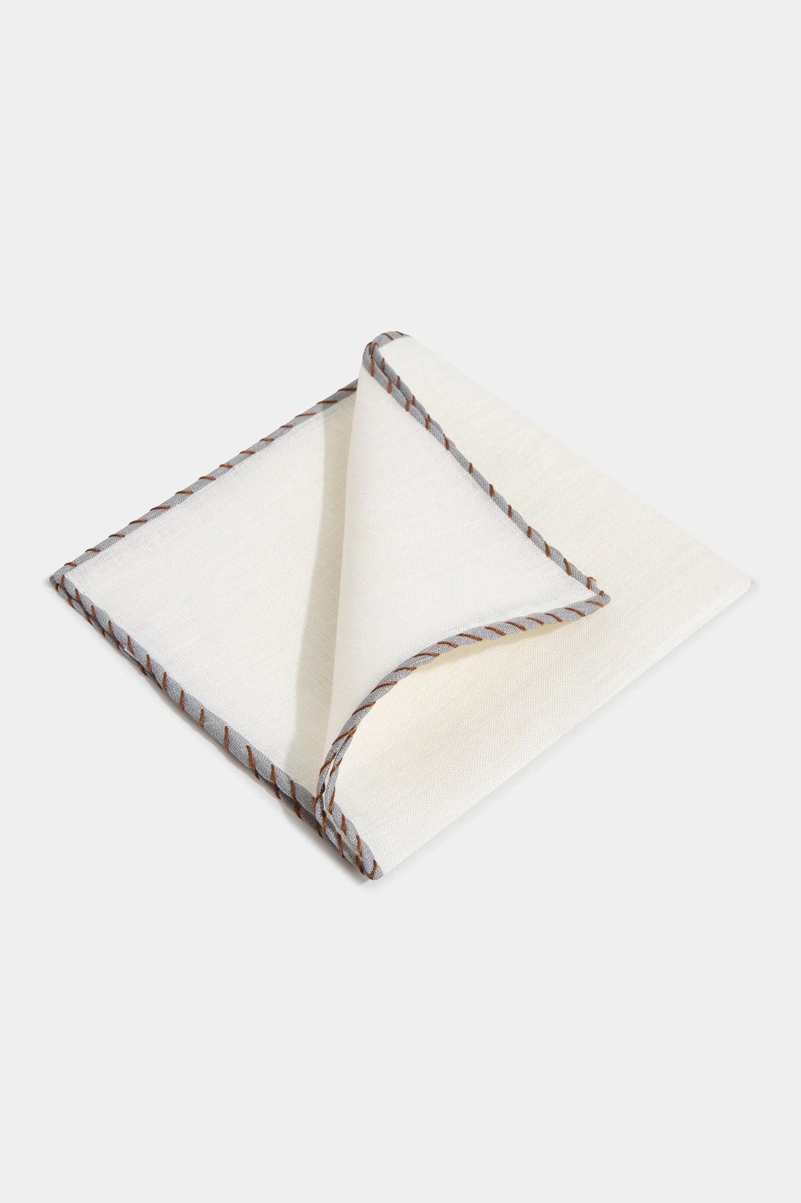 White Linen Pocket Square With Grey And Edges Made In Italy
