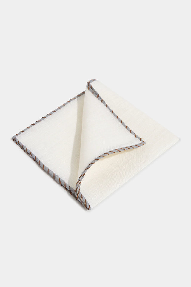 White linen pocket square with grey and cognac edges - Made in Italy
