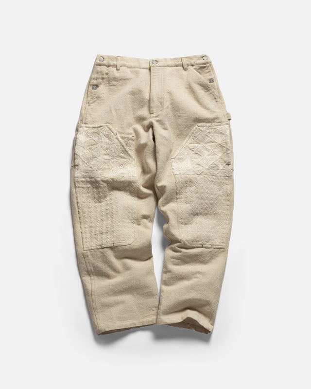 ELI HAND-EMBROIDERED DOUBLE KNEE WORK PANT - UNDYED ECRU HANDSPUN COTTON CANVAS