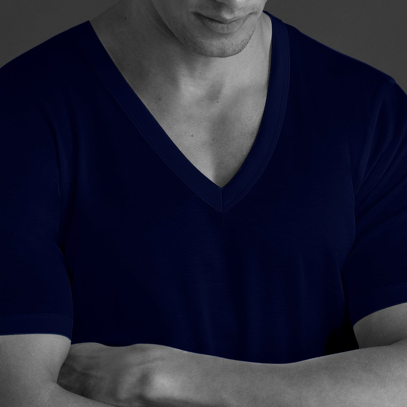 T Shirt Col V Bleu Coton