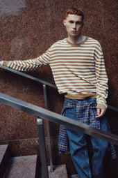 Men's Lightweight Crewneck Sweater in Otter/Marshmallow Stripe