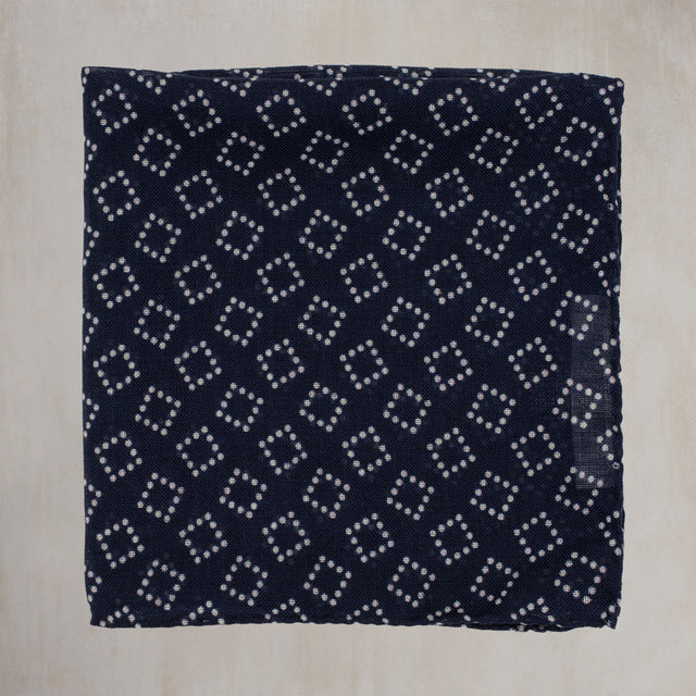 Wool And Silk Pocket Square with Dotted Squares in Navy