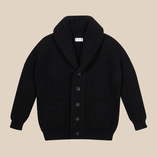Superfine lambswool shawl collar cardigan in black