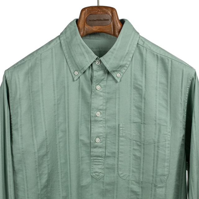 Popover button-down in sage green French hickory stripe cotton