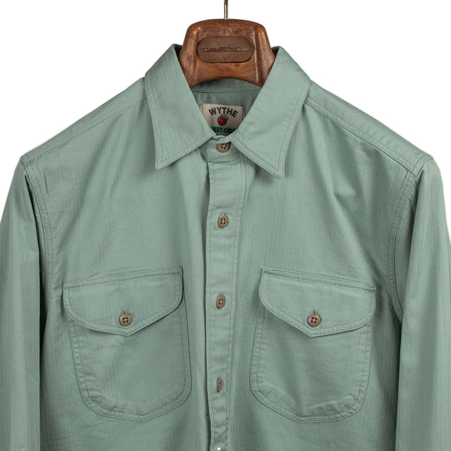 Officer's shirt in sage green herringbone twill