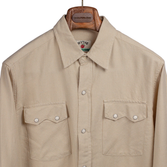 Sawtooth pearlsnap shirt in butterscotch tick weave cotton