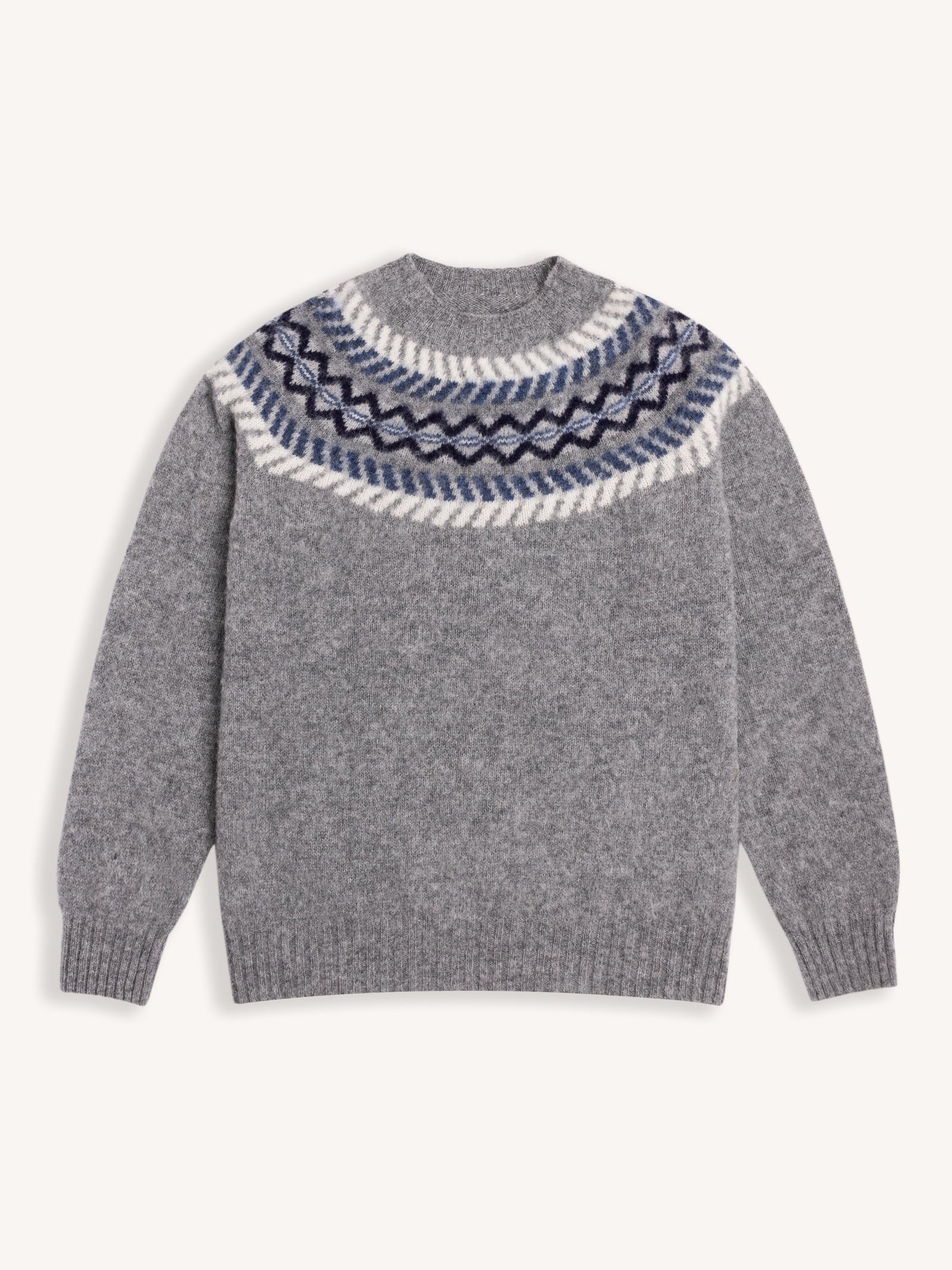 Yoke Fairisle Crew In Grey Brushed Pure Wool
