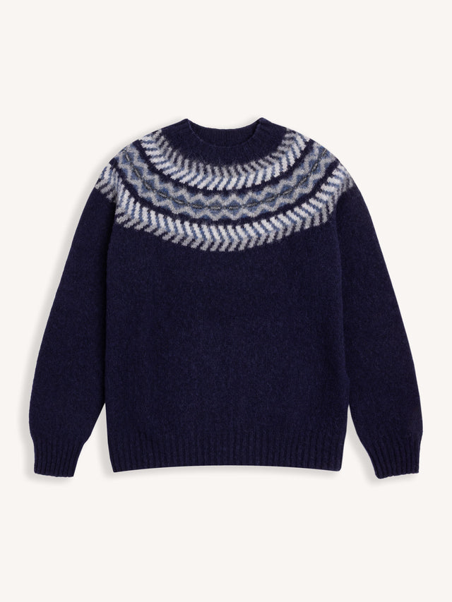 Yoke Fairisle Crew in Navy Brushed Pure Wool