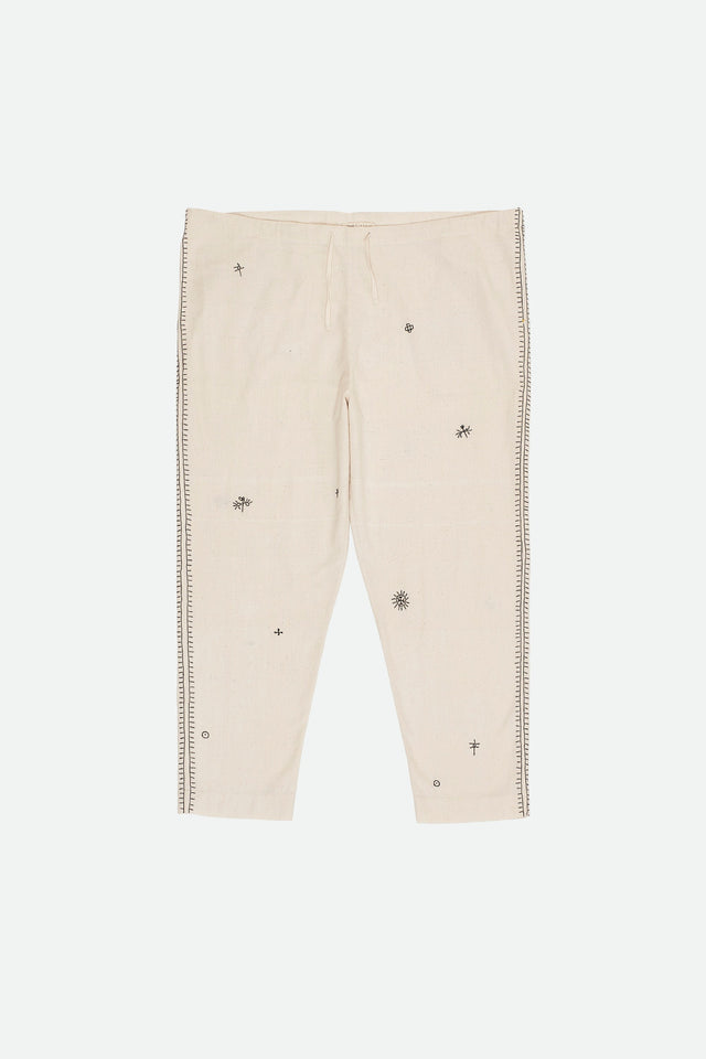 Hand Embroidered Cotton Pant In Ecru
