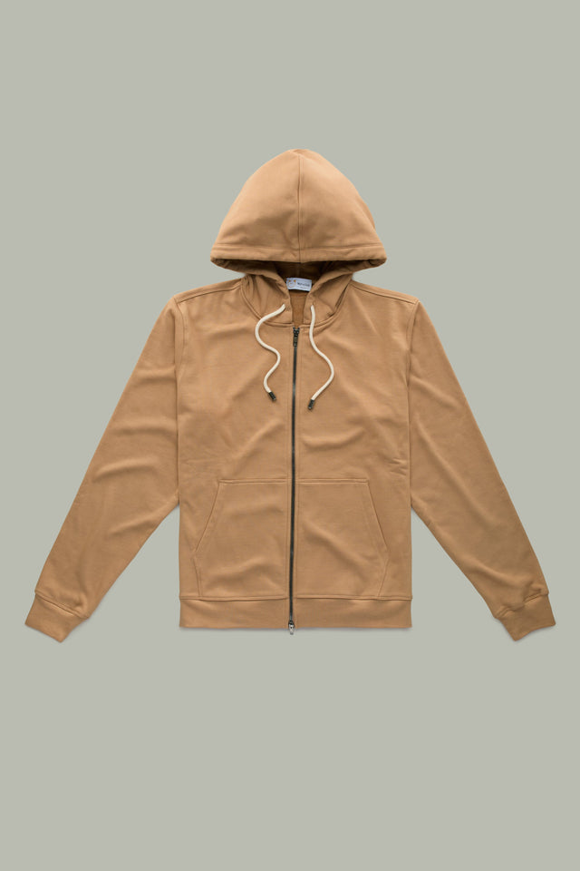 Cotton Cashmere Long Sleeve Zip-Up Hoodie Caramel