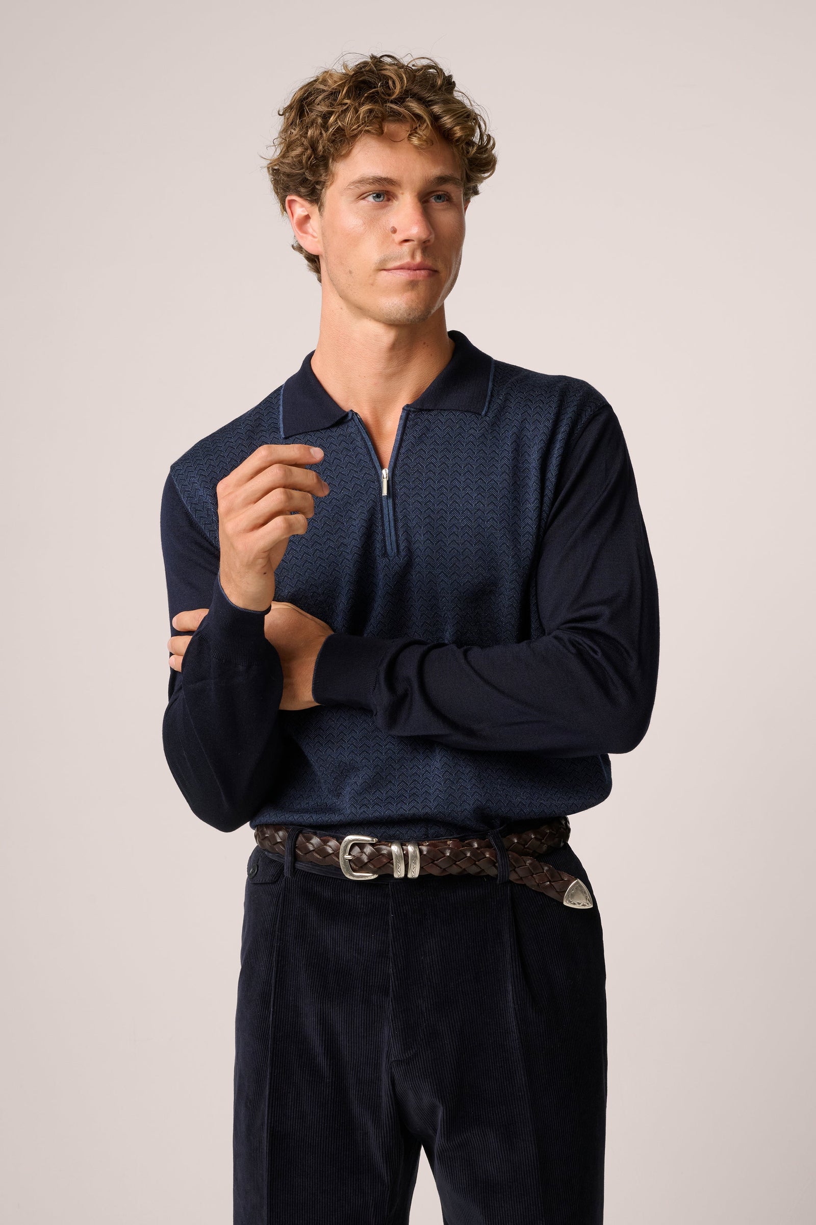 Chevron Quarter Zip Polo Wool And Silk Blue
