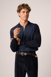 Chevron Quarter Zip Polo - Wool and Silk - Navy Blue