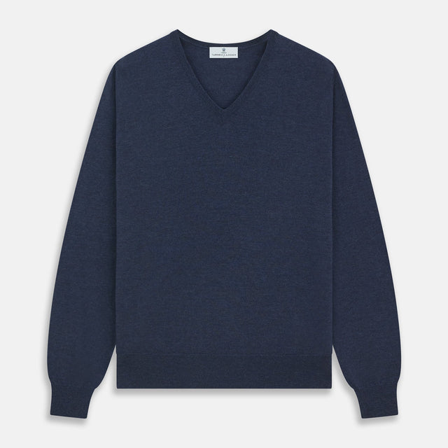 Blue V-Neck Merino Wool Jumper