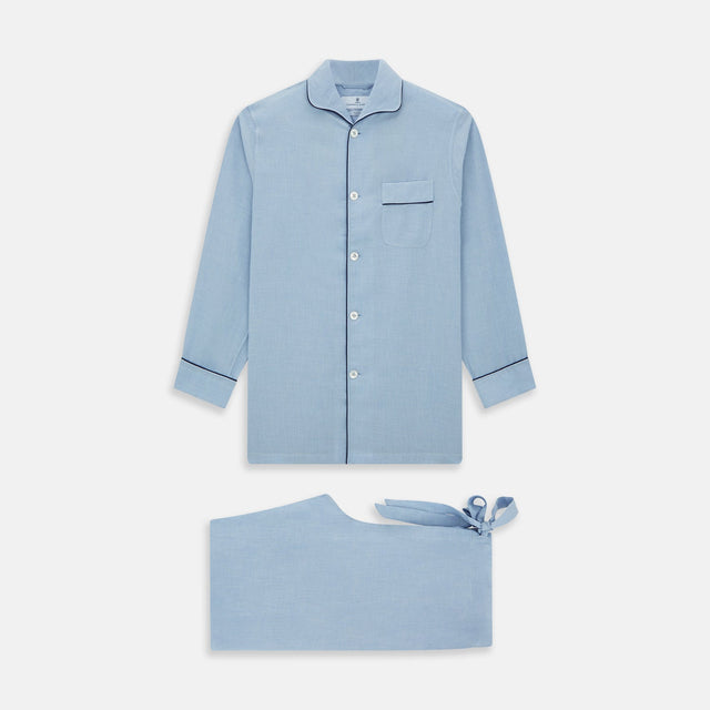 Blue Piped Cotton-Cashmere Pyjama Set