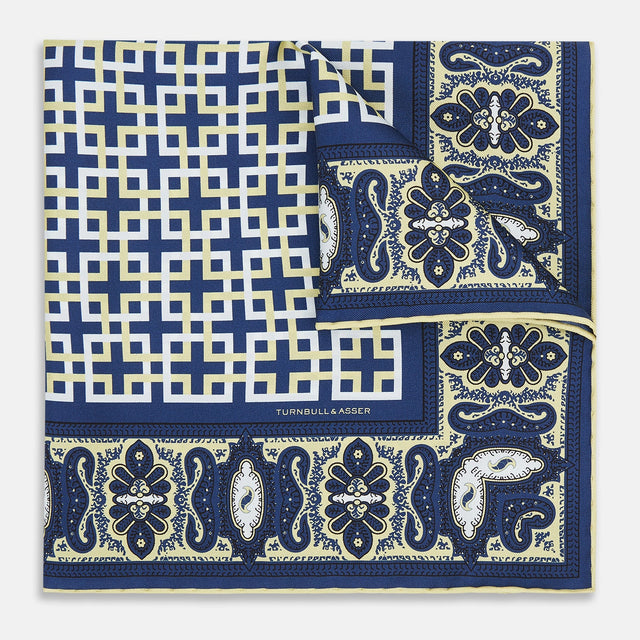 Azzurro Square-Patterned and Paisley Patterned Silk Pocket Square