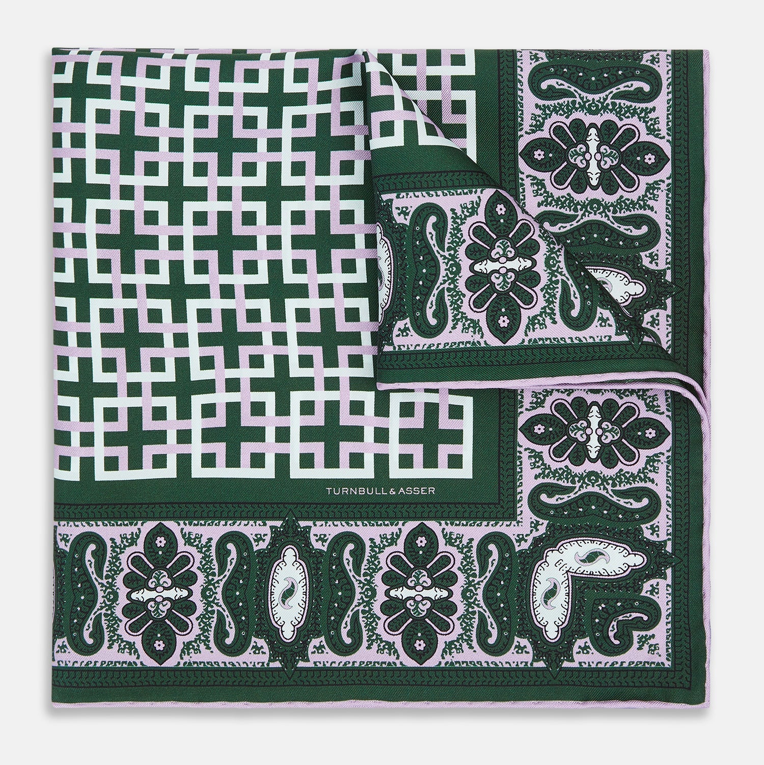 Green Square Patterned And Paisley Patterned Silk Pocket Square