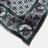 Green Square Patterned And Paisley Patterned Silk Pocket Square