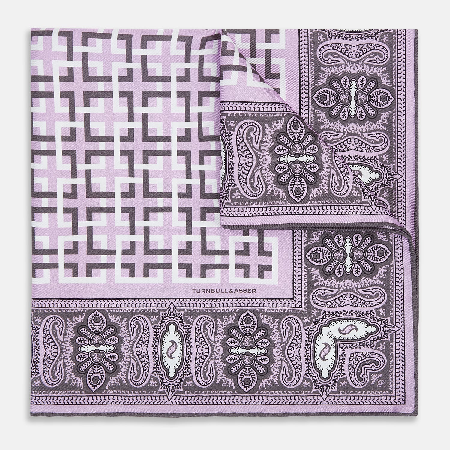 Lilac Square Patterned And Paisley Patterned Silk Pocket Square