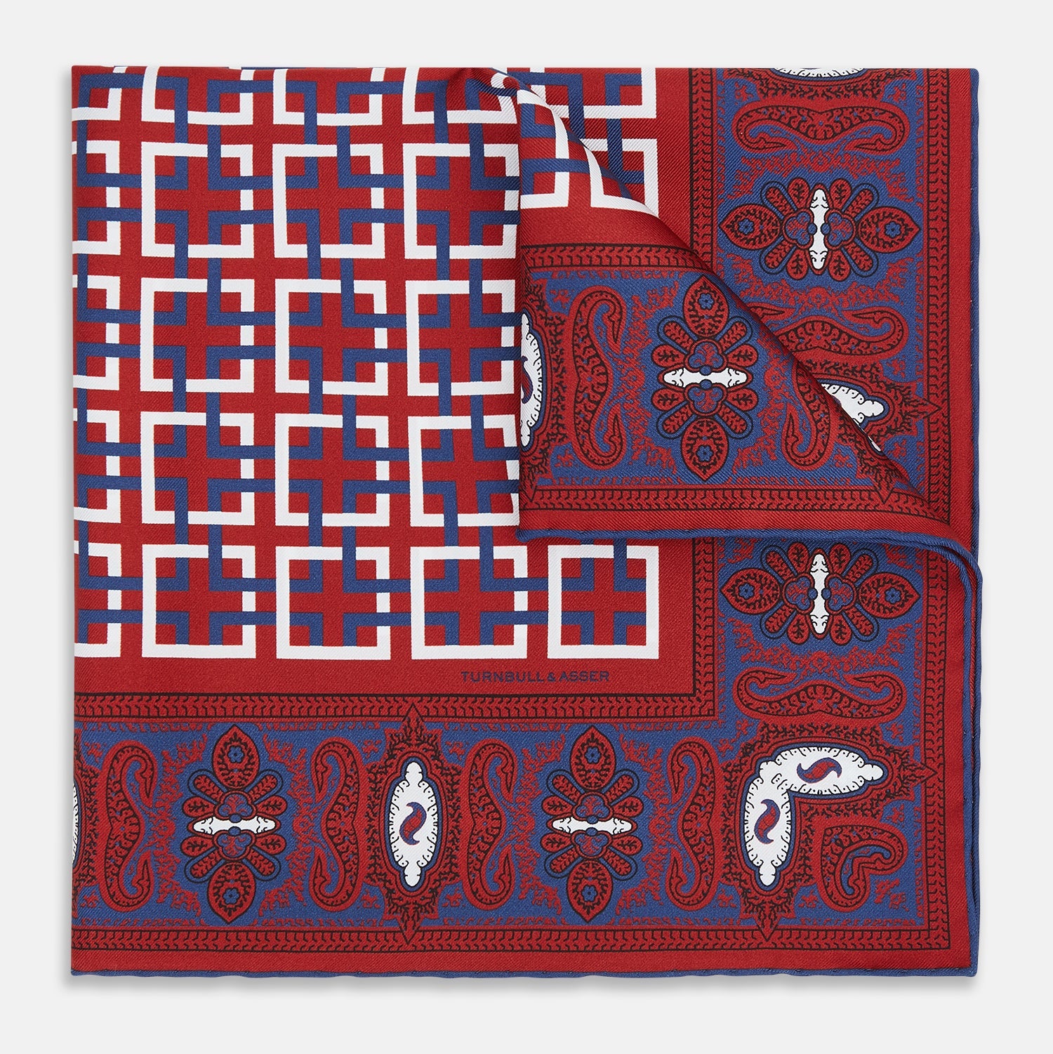 Red Square Patterned And Paisley Patterned Silk Pocket Square