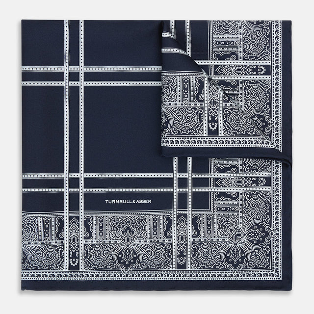 Navy Paisley Bandana Patterned Silk Pocket Square