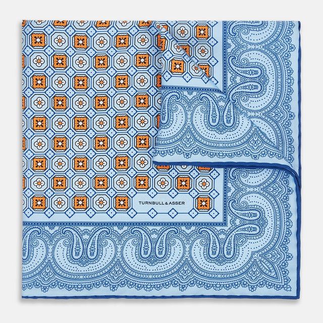 Blue Floral Tile and Paisley Silk Pocket Square