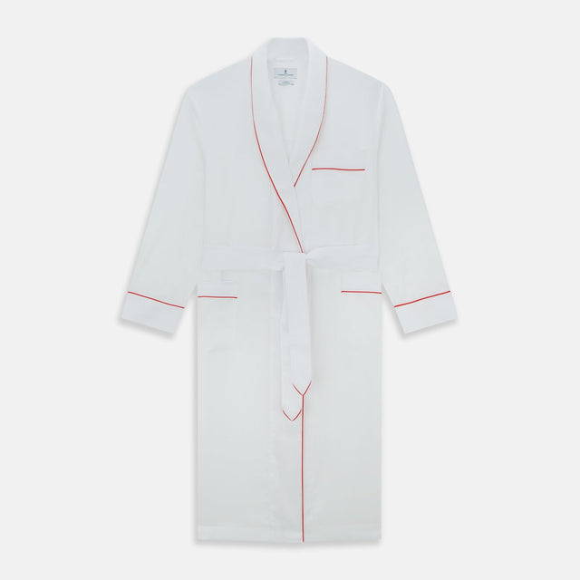 White Piped Herringbone Cotton Gown