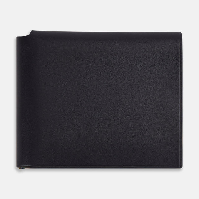 Navy Leather Trifold Card Holder with Metal Money Clip