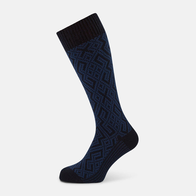 Navy Diamond Wool Mid-length Socks