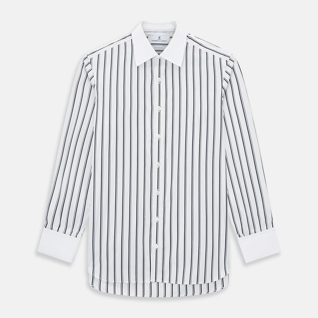 Navy and White Track Stripe Shirt with Contrast Collar & Cuffs
