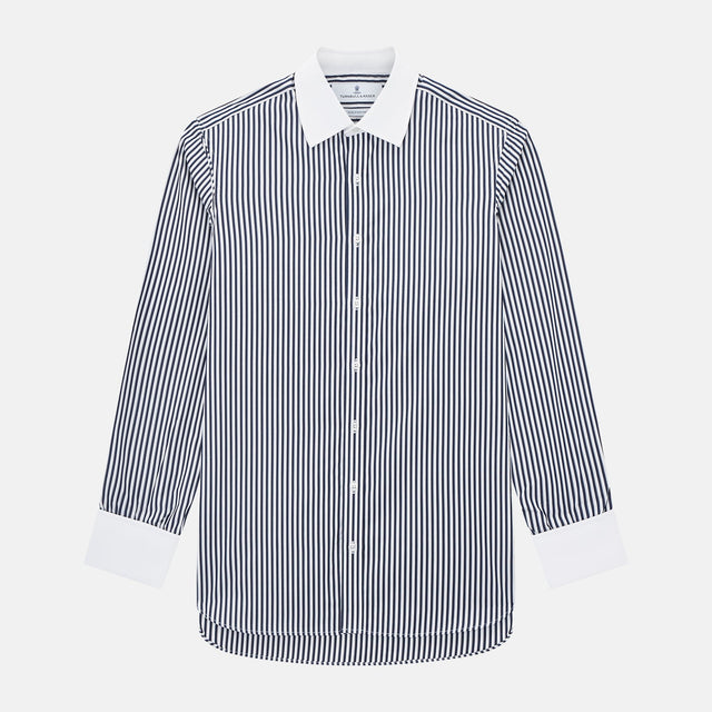 Navy and White Double Stripe Shirt with Contrast Collar & Cuffs