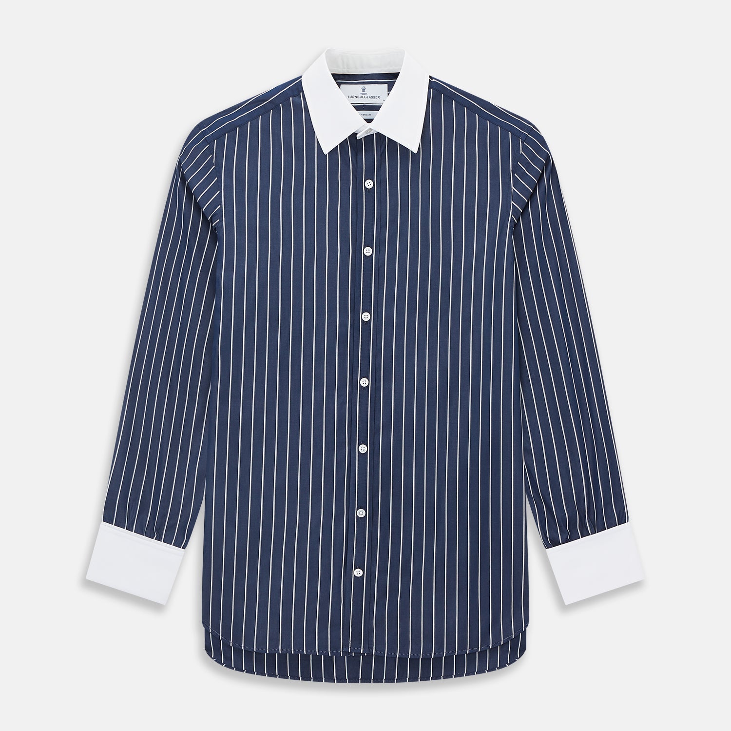 And White Bar Stripe Shirt With Contrast Collar Cuffs
