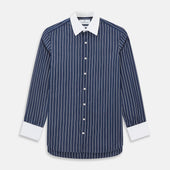 Navy and White Bar Stripe Shirt with Contrast Collar & Cuffs