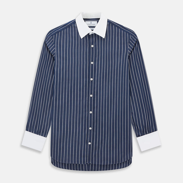 Navy and White Bar Stripe Shirt with Contrast Collar & Cuffs