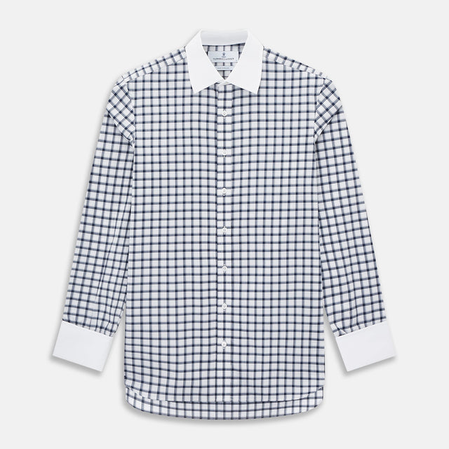 Navy and White Tattersall Check Shirt with Contrast Collar & Cuffs