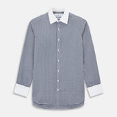 Navy and White Gingham Check Shirt with Contrast Collar & Cuffs