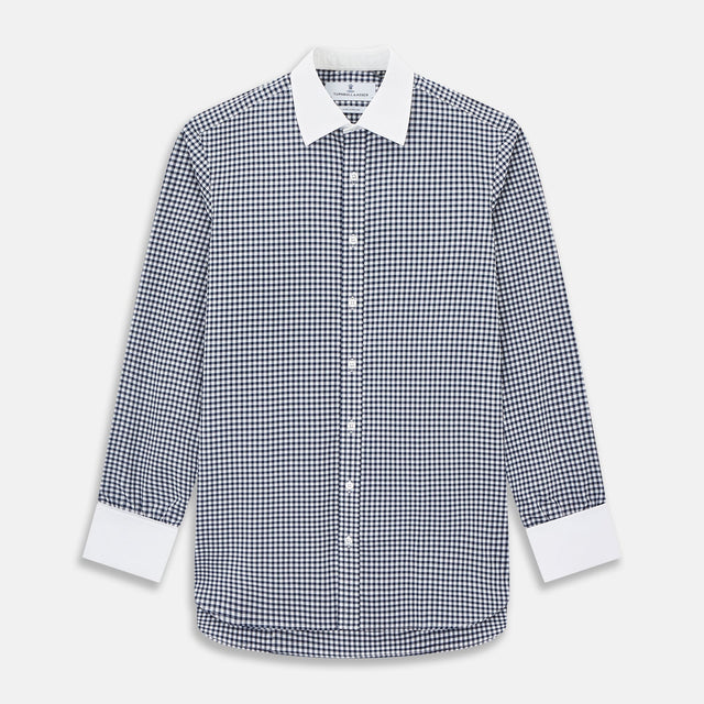Navy and White Gingham Check Shirt with Contrast Collar & Cuffs